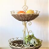 Display 2-tiered structure patinated metal rattan baskets
