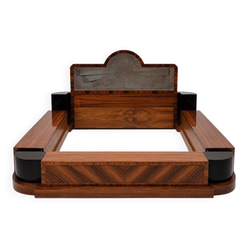 Double bed Art Deco – Rosewood, black lacquer and frosted glass – 1930s