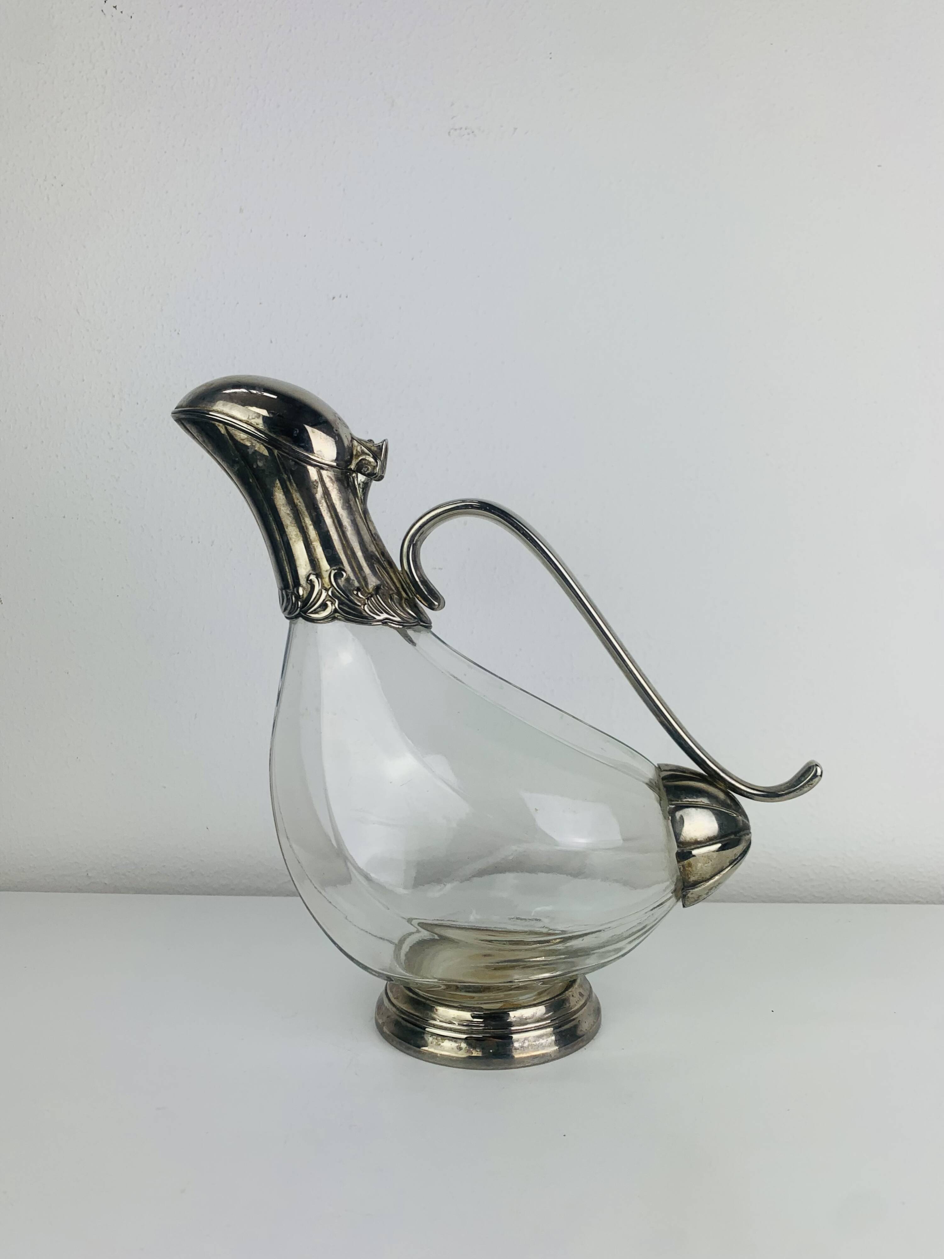 Silver-plated wine carafe jug, duck