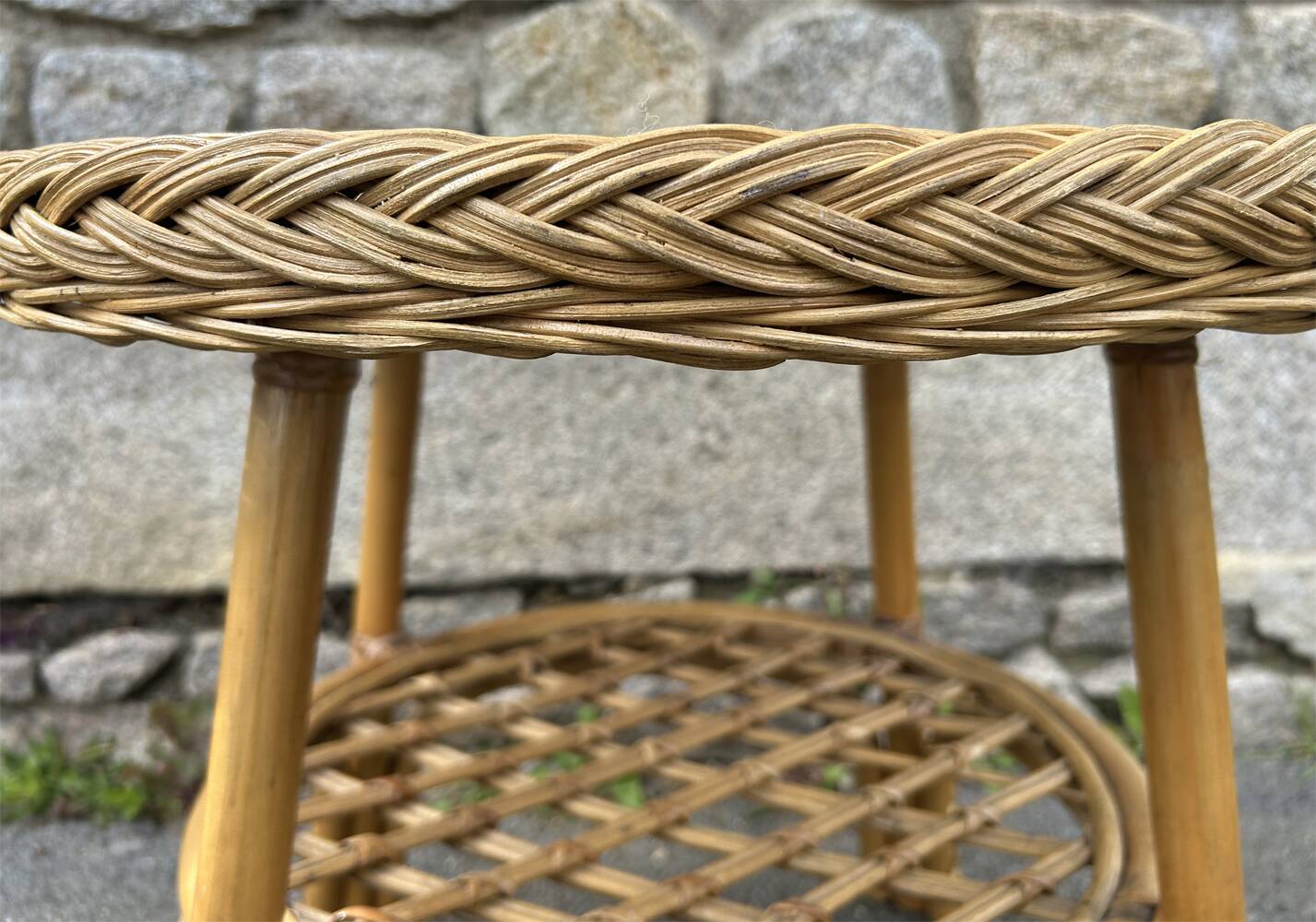 Pedestal table, coffee table, bamboo and rattan, vintage, 60s