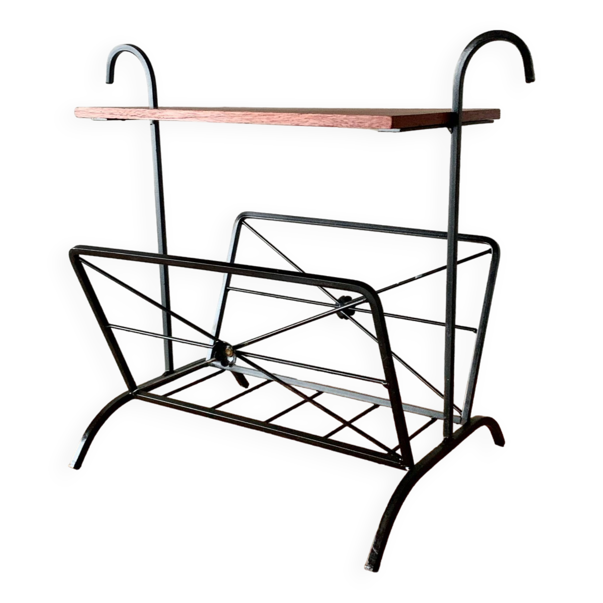 Vintage magazine rack and harness in wood and wrought iron