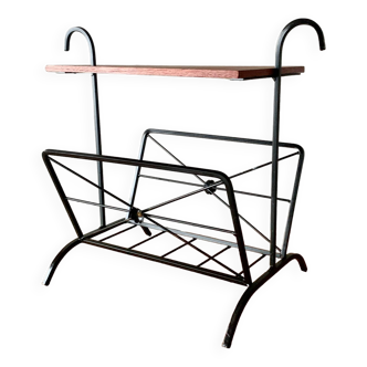 Vintage magazine rack and harness in wood and wrought iron