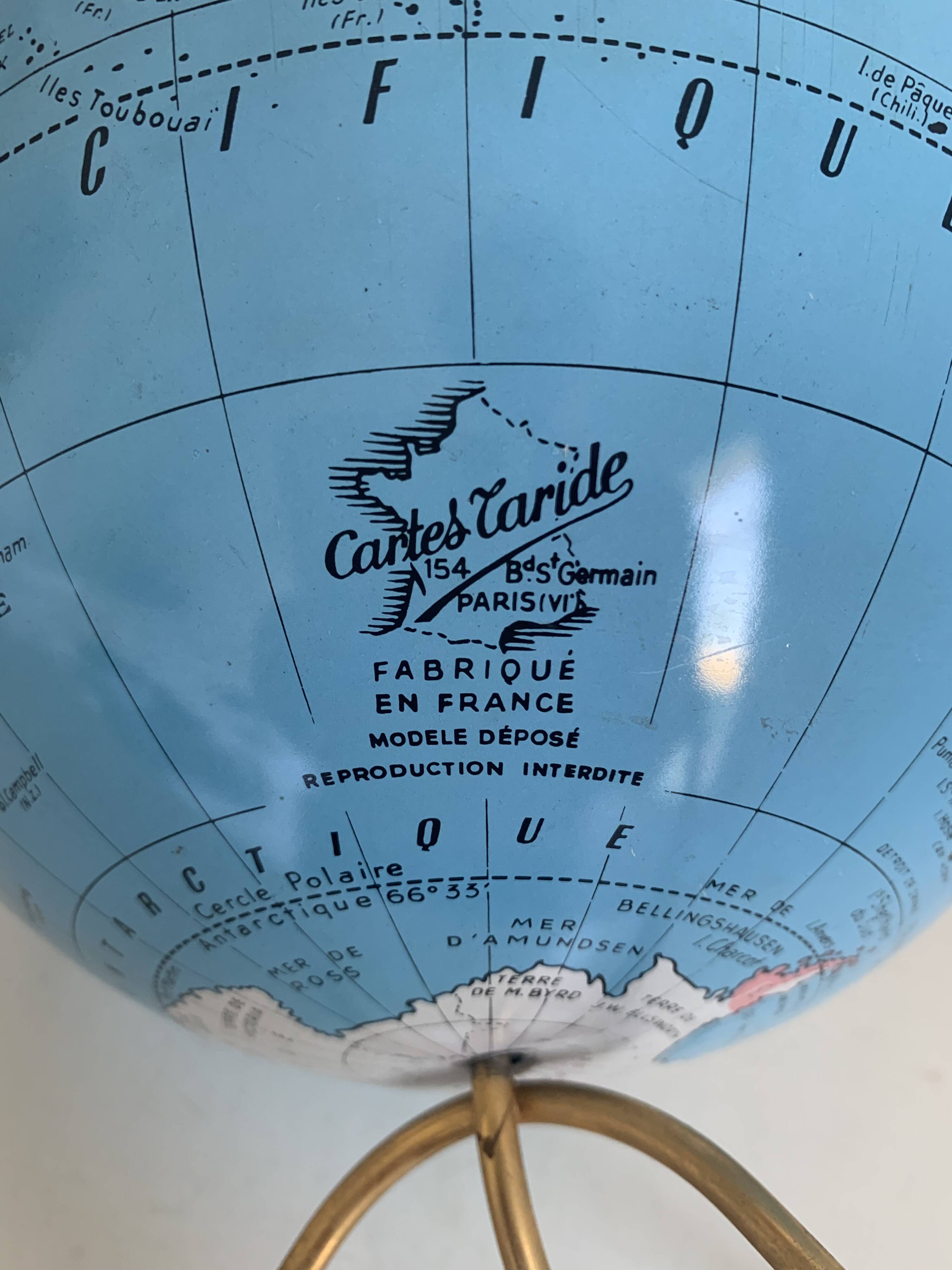 Globe vintage 1960 terrestre Taride tripode métal doré - 28 cm