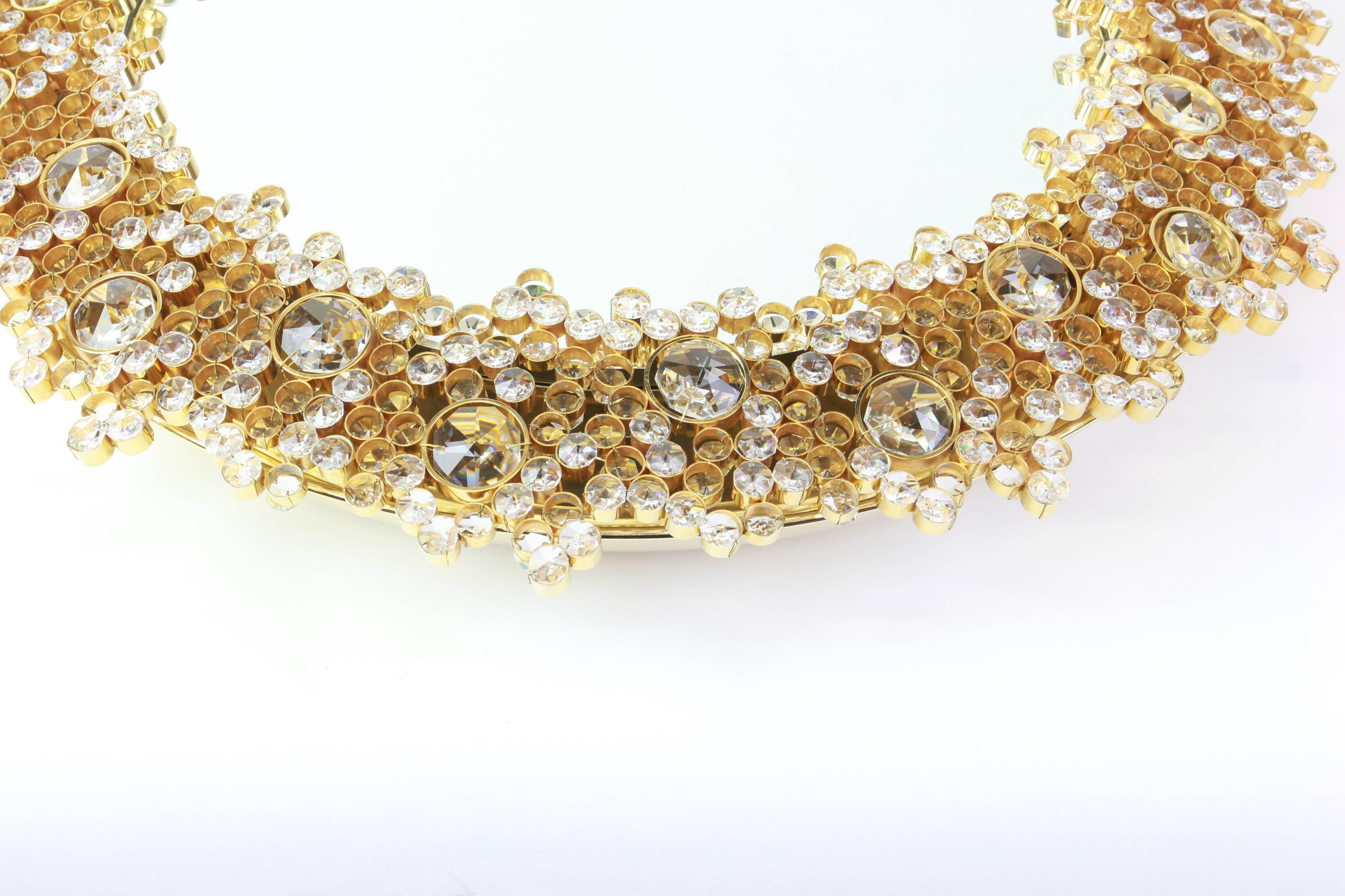 Spectacular backlit mirror in gilded brass and crystal glass by Palwa, Germany.