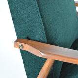 Fauteuil poli d’origine vintage « Fox » conçu par H. Lis années 1970, tissu vert forêt, restauré
