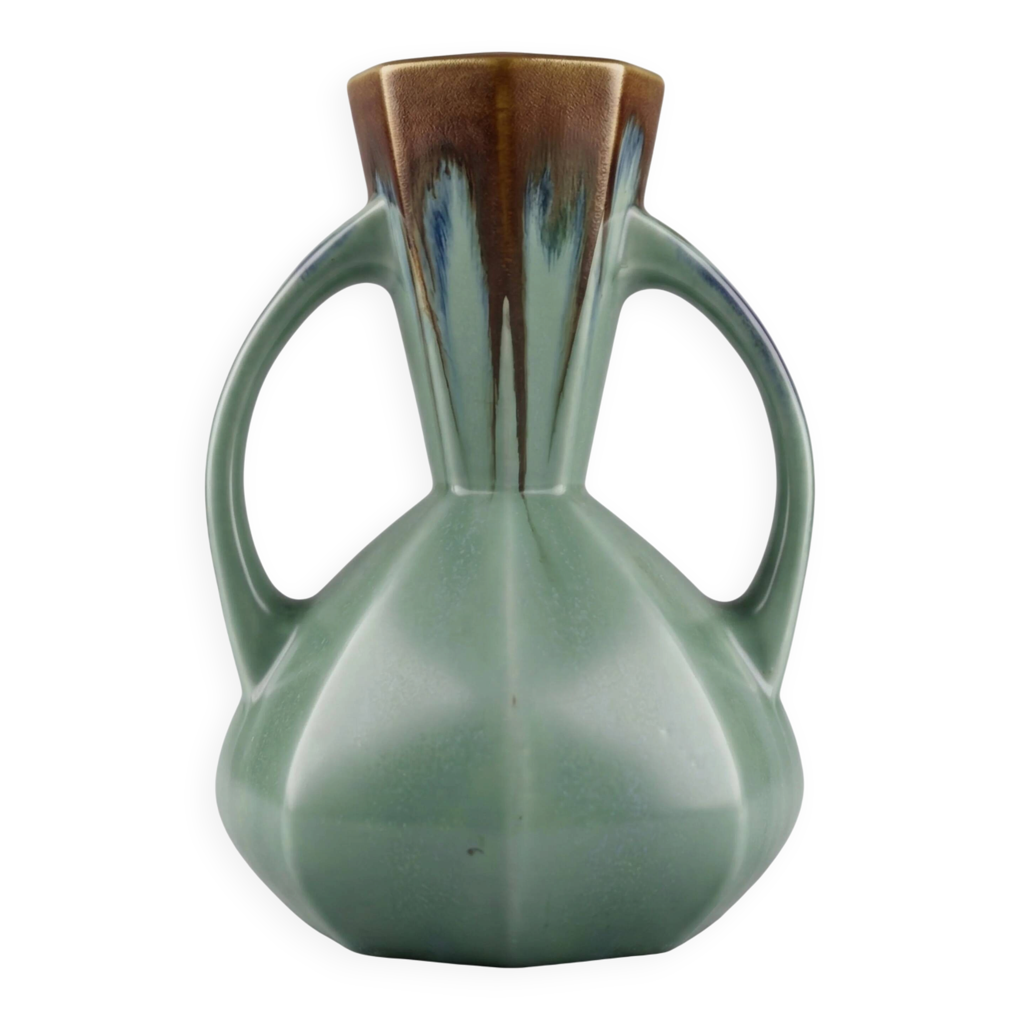 Art Deco vase – Bruyn pottery – green & brown poured glaze - 19cm