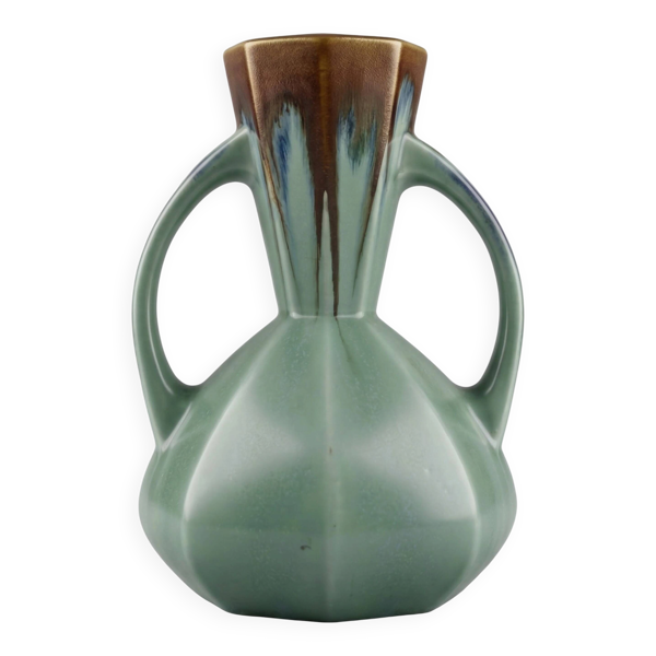 Vase Art déco – faïencerie de Bruyn – glaçure coulée vert & brun