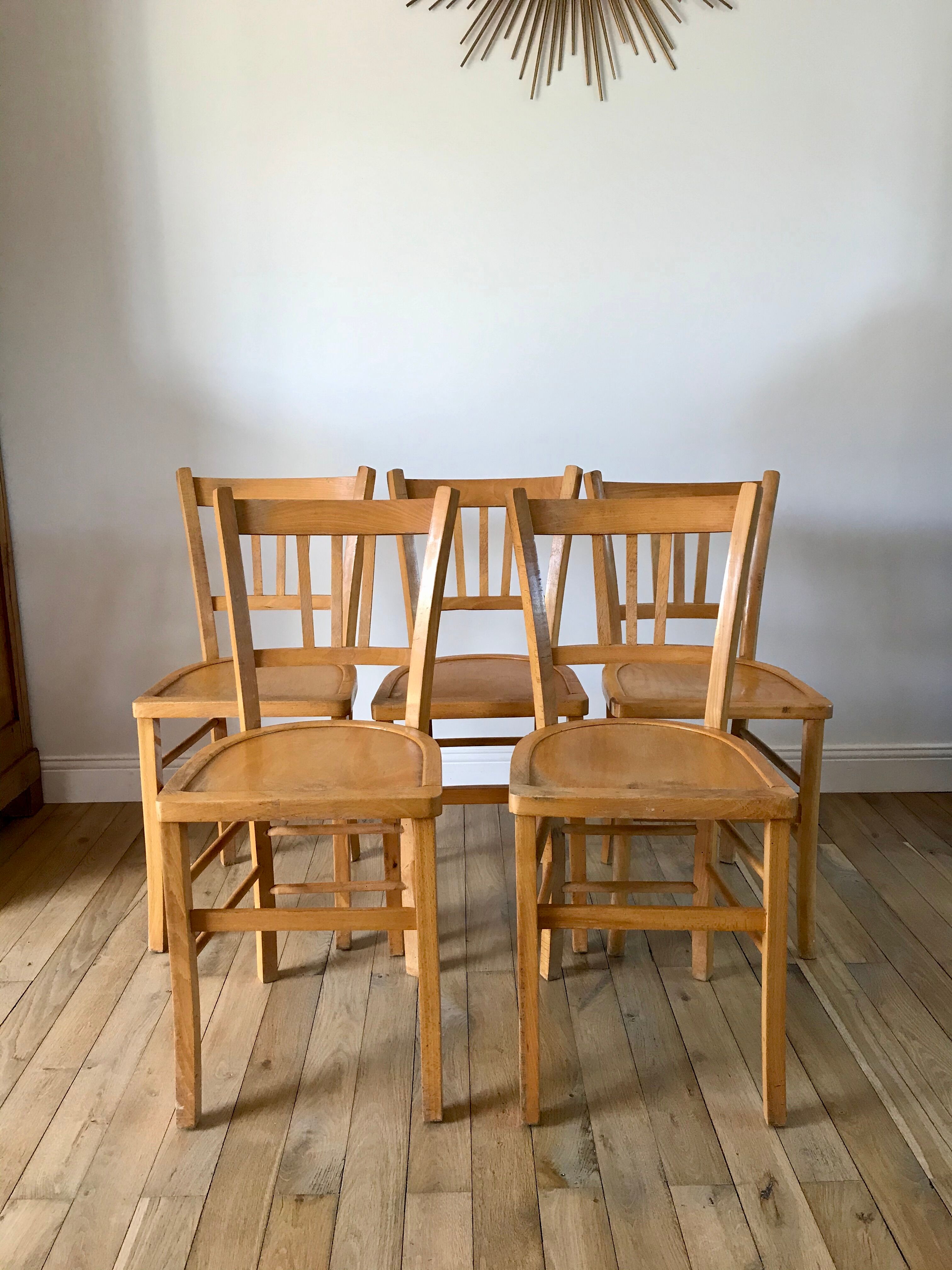 Set of 5 Luterma light blond wood bistro chairs from the 50s