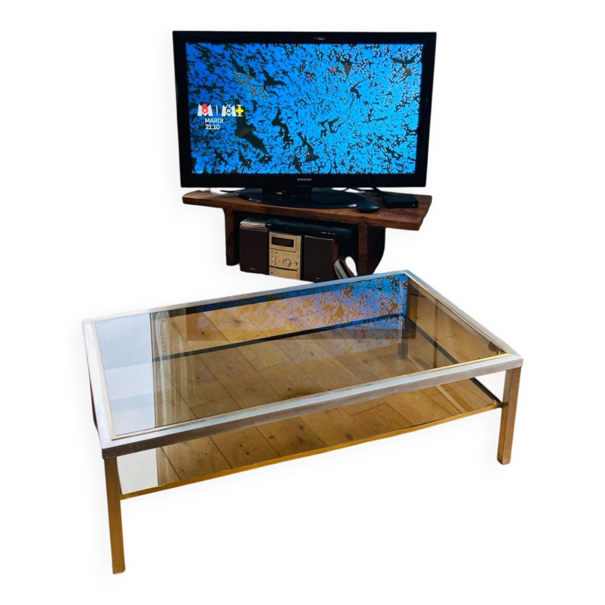 1970s coffee table in brushed metal, brass and smoked glass by Willy R