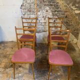 Set of 4 vintage Scandinavian style chairs with old pink velvet seat