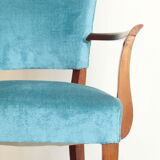 Pair of bridge art deco chairs in blue velvet