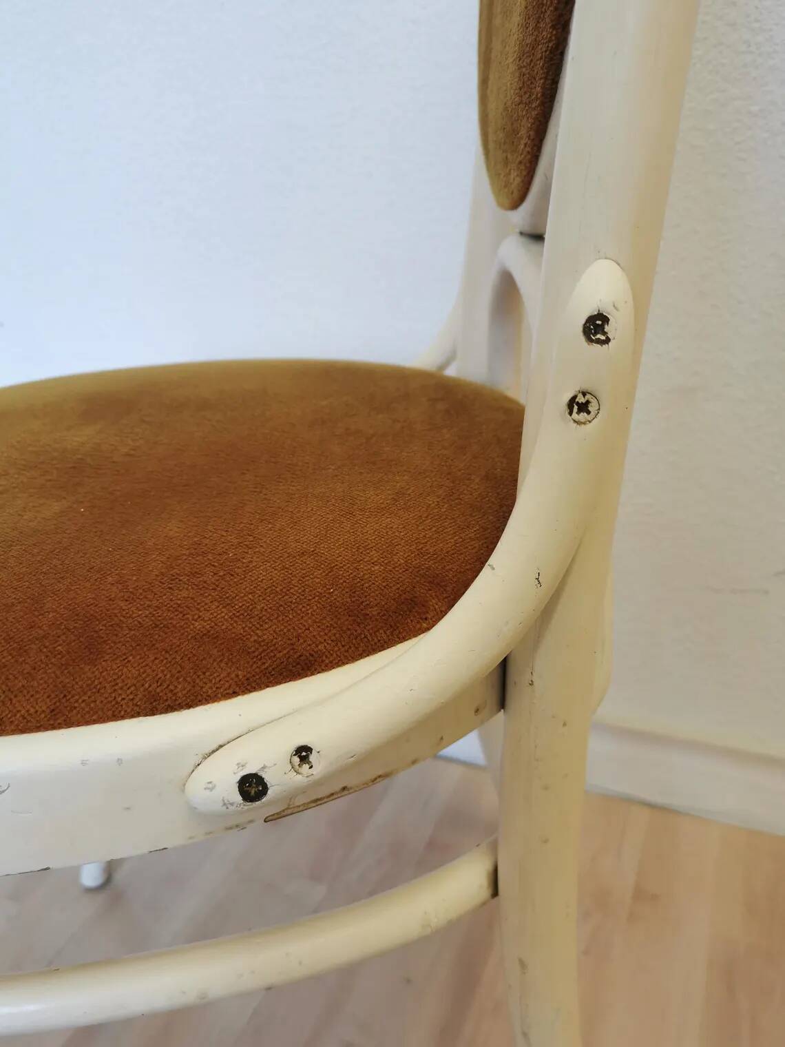 Vintage Thonet Bentwood Dining Chair: White Wood, Yellow Fabric, 1970s Yugo