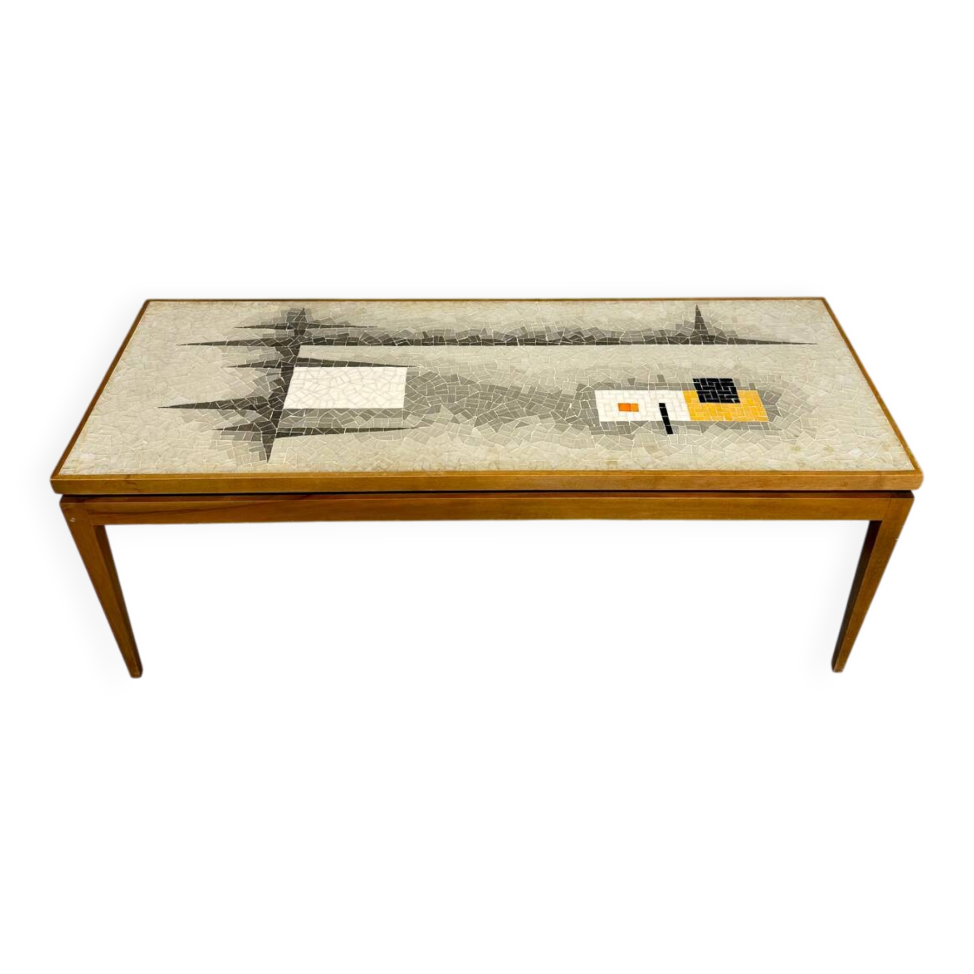 Vintage coffee table with mosaic top, 1960s modernist graphic design.