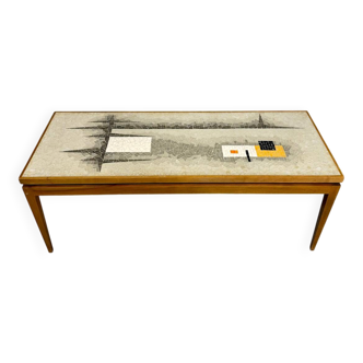 Vintage coffee table with mosaic top, 1960s modernist graphic design.