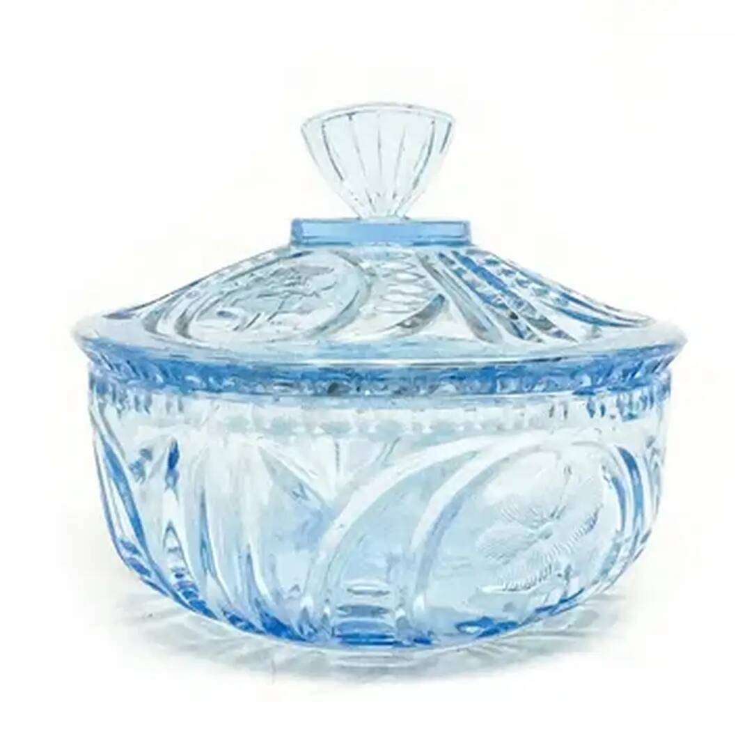 Art Deco bonbonniere, turquoise pressed glass, Germany, 1950s