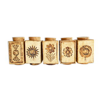 Five spice or tea pots by Roger Capron on an olive wood shelf, France 70s