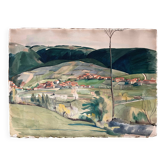 Large Watercolor Painting "Le Hameau" post-cubist landscape signed J. Ley 1943