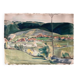 Large Watercolor Painting "Le Hameau" post-cubist landscape signed J. Ley 1943