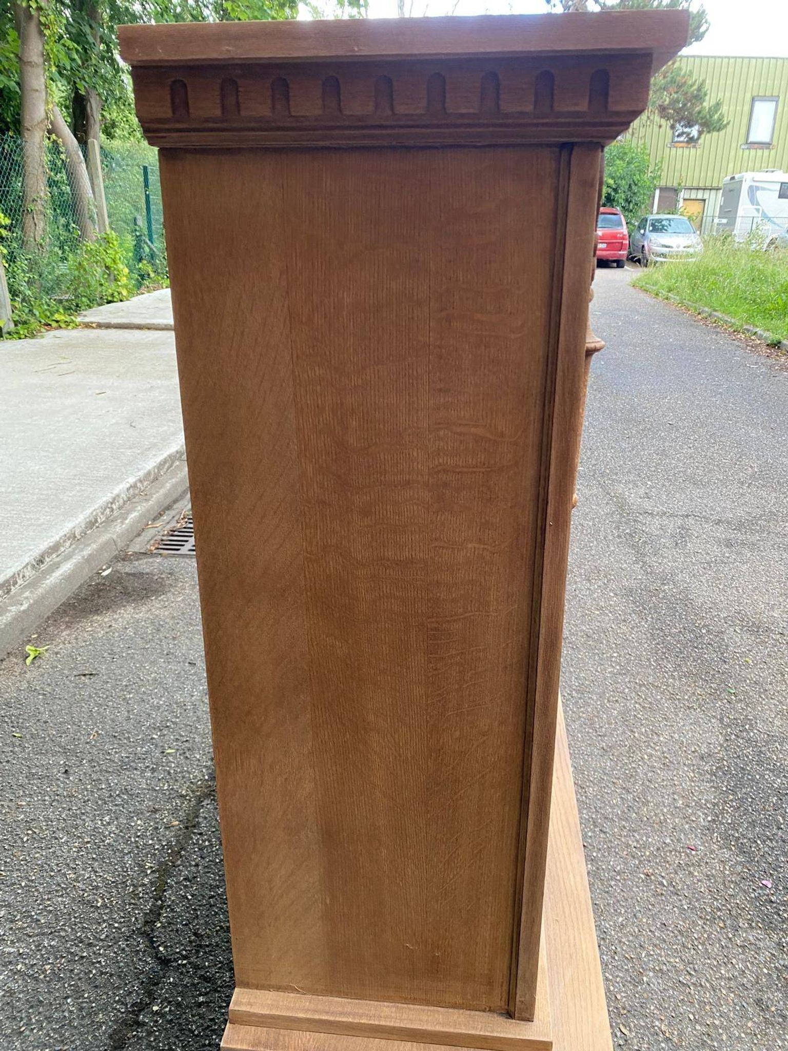 Renovated Spanish Renaissance oak buffet armoire from the 1930s.