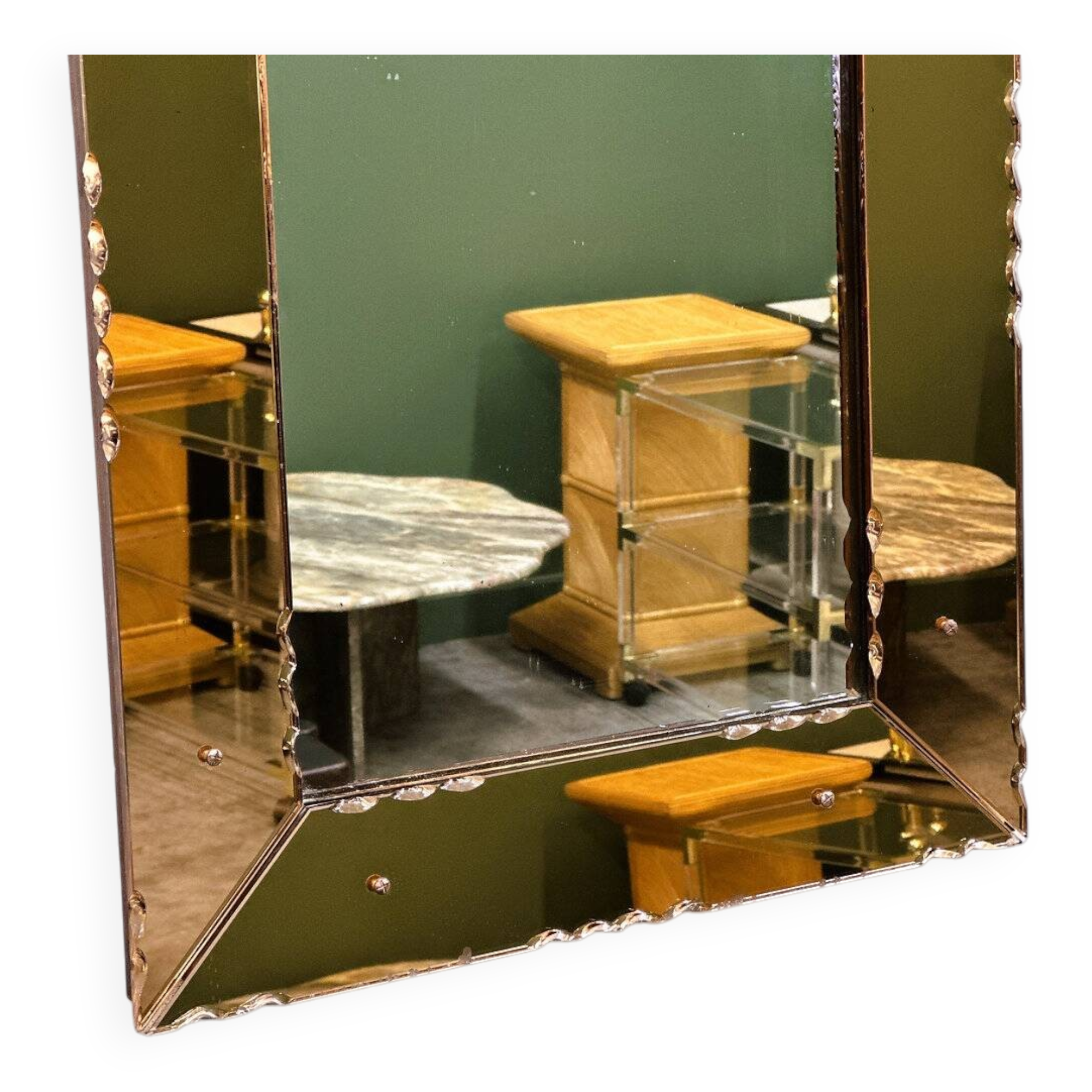 Striking French amber-coloured mirror with sculpted edge details, 1940s