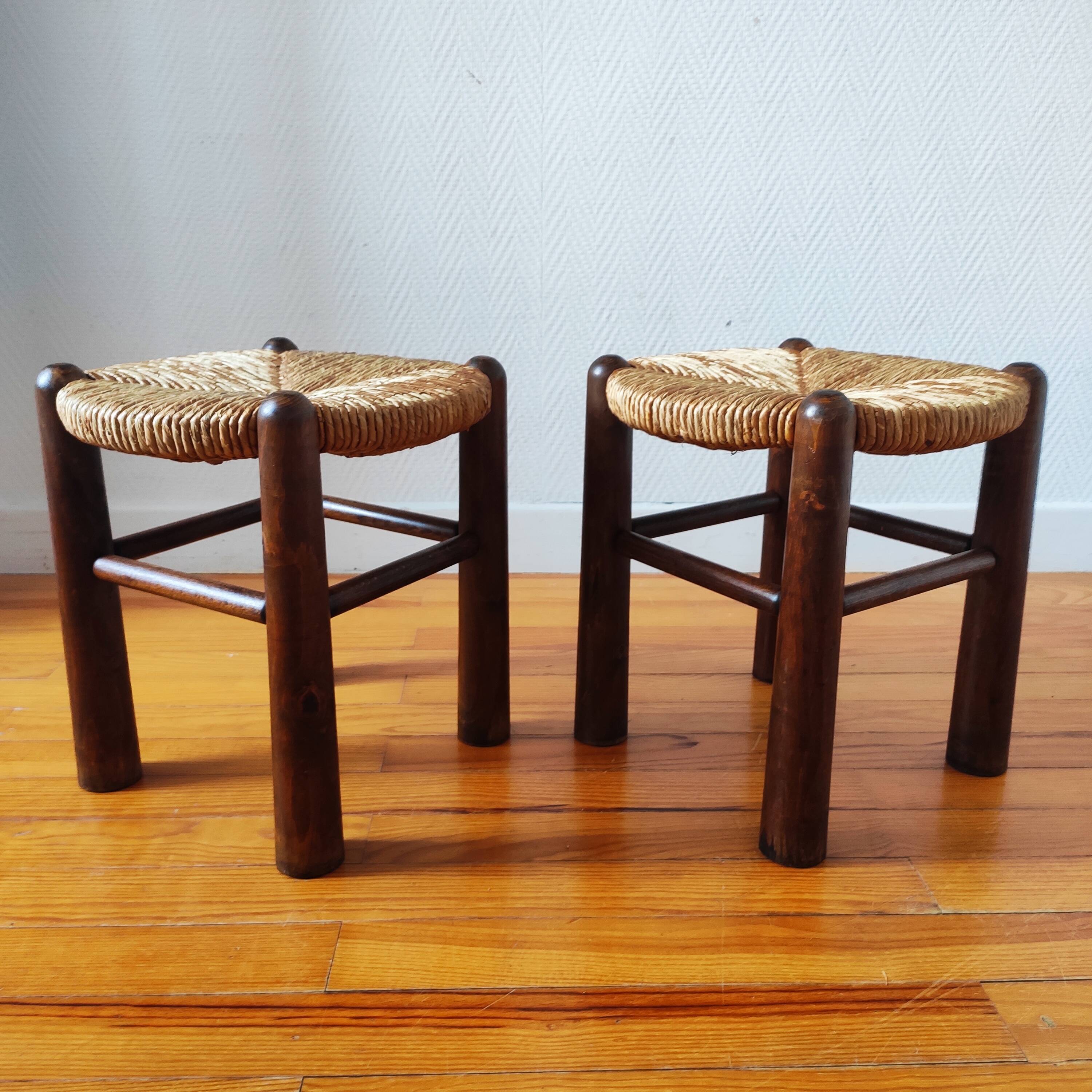 Brutalist wooden and straw stools - France 1950