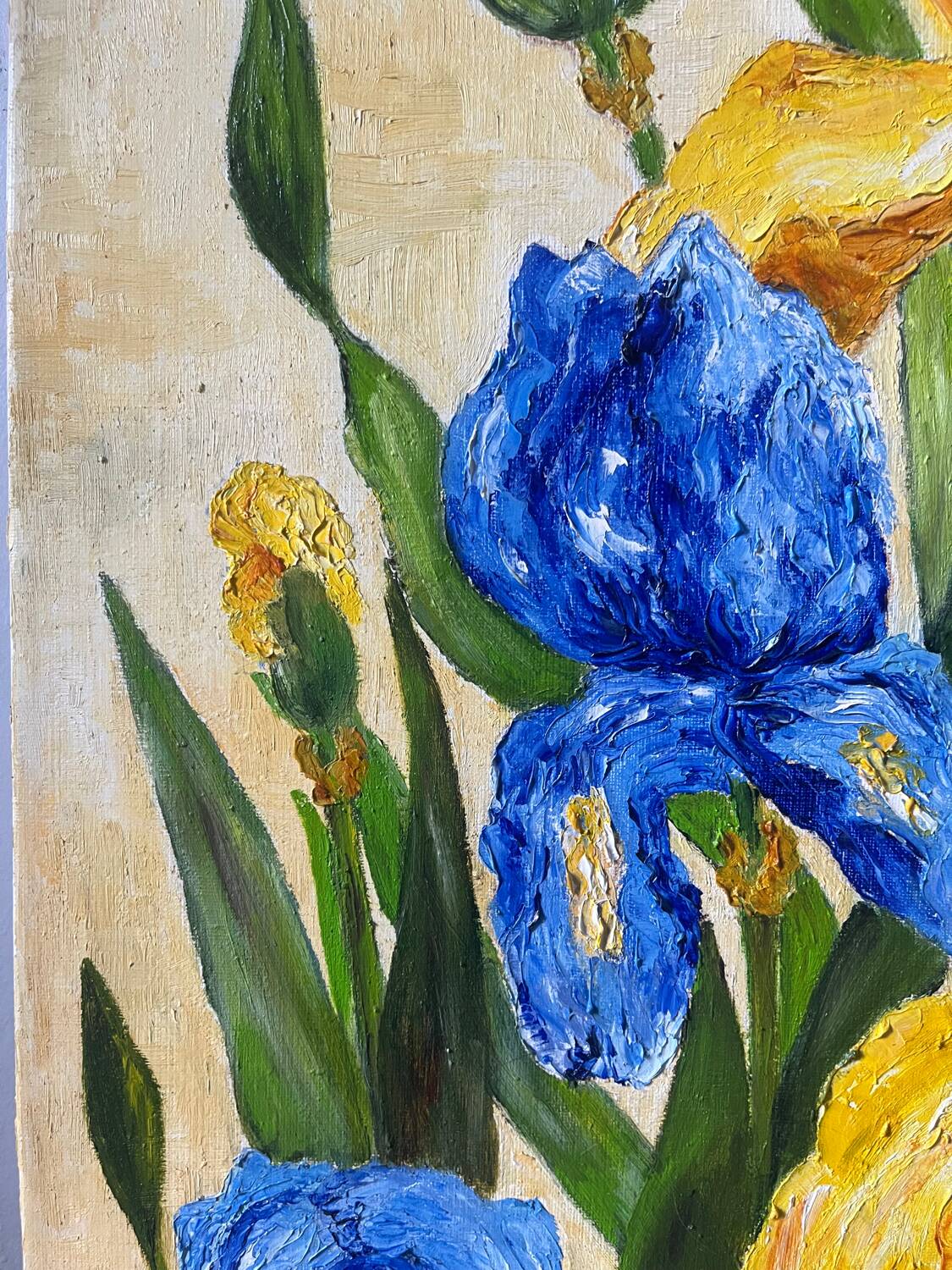 Blue and yellow irises, signed