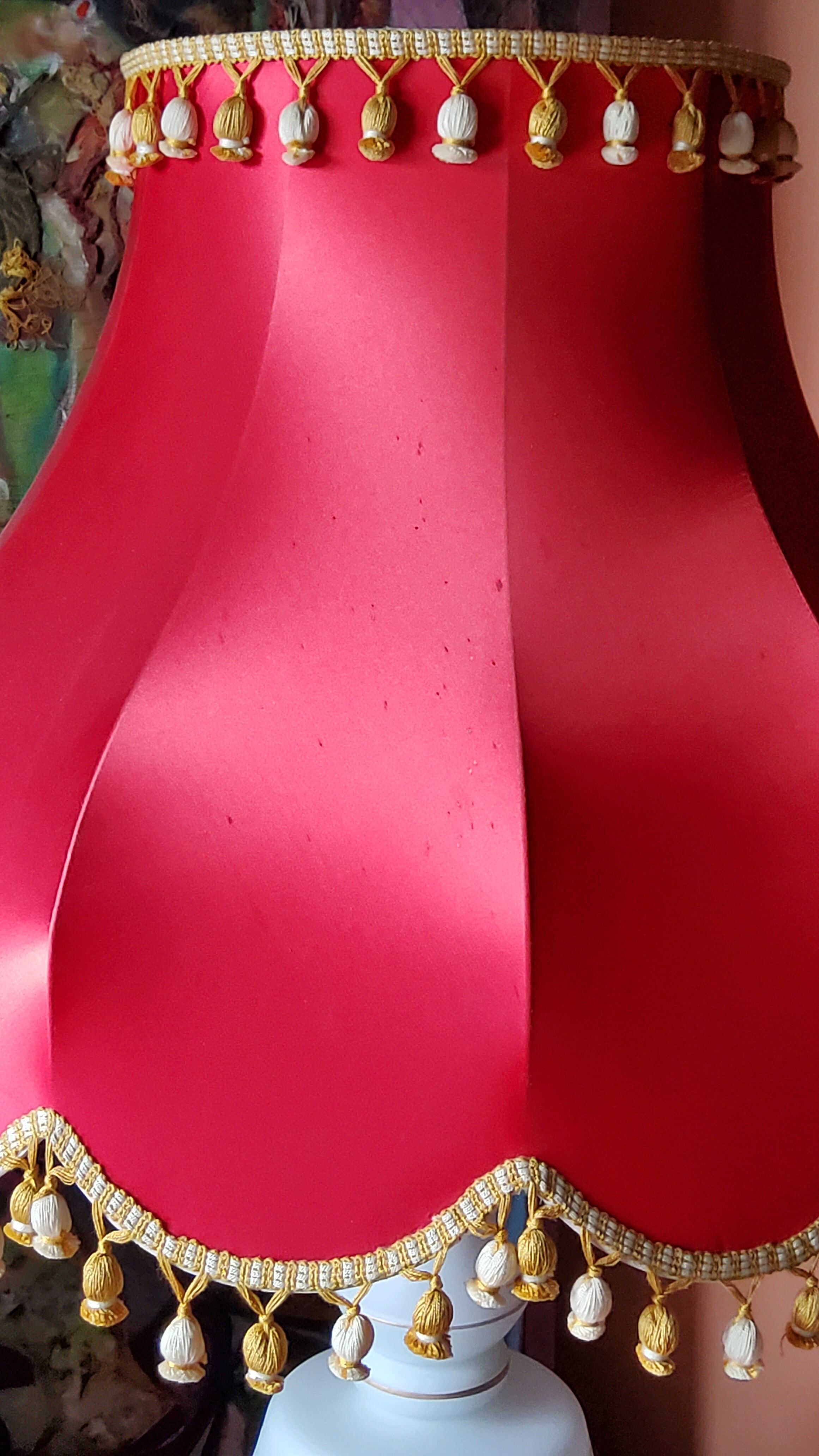 Vintage lamp of the 50s in white and golden opaline glass lampshade in red satin 75cm