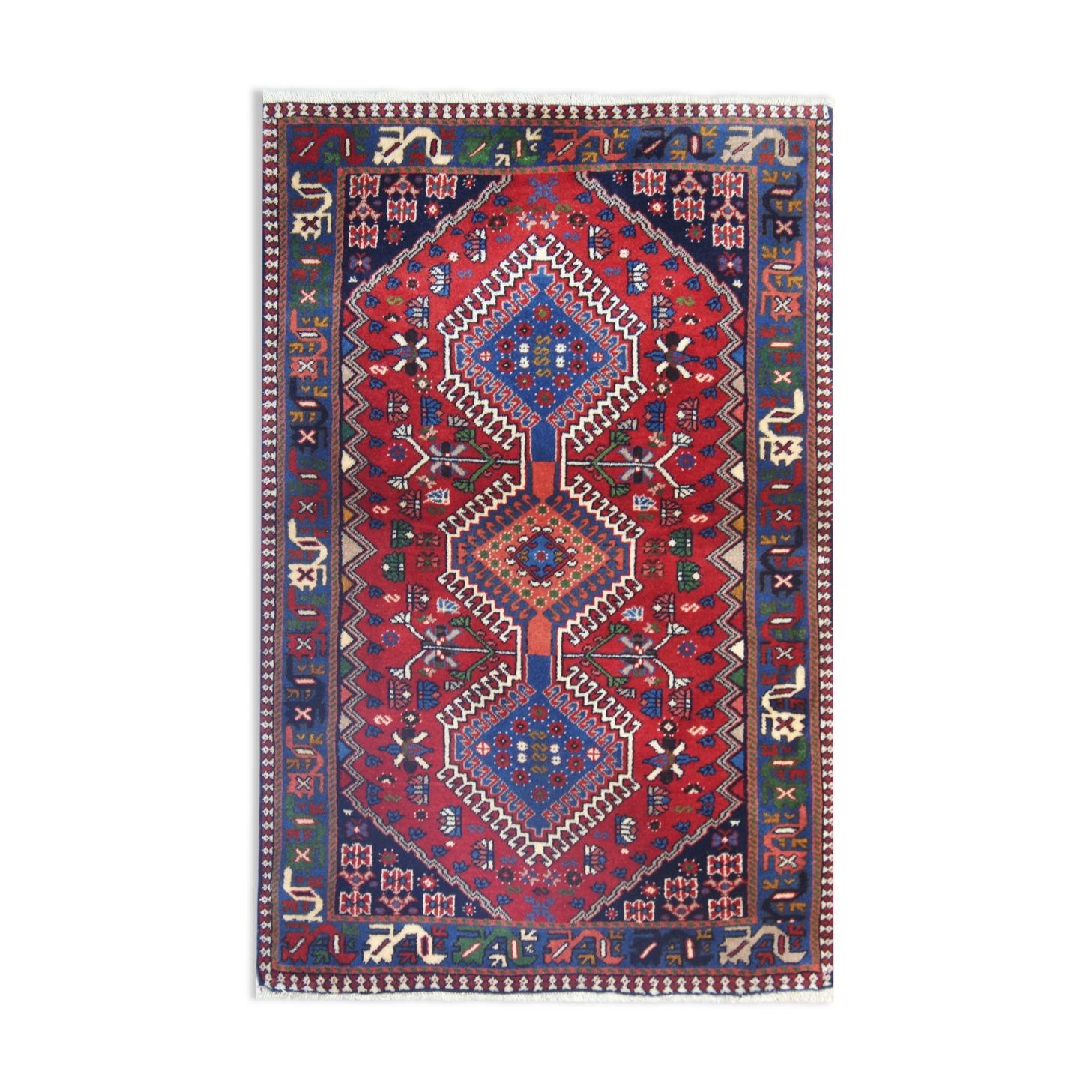 Traditional oriental wool carpet hand made red blue area rug- 83x127cm