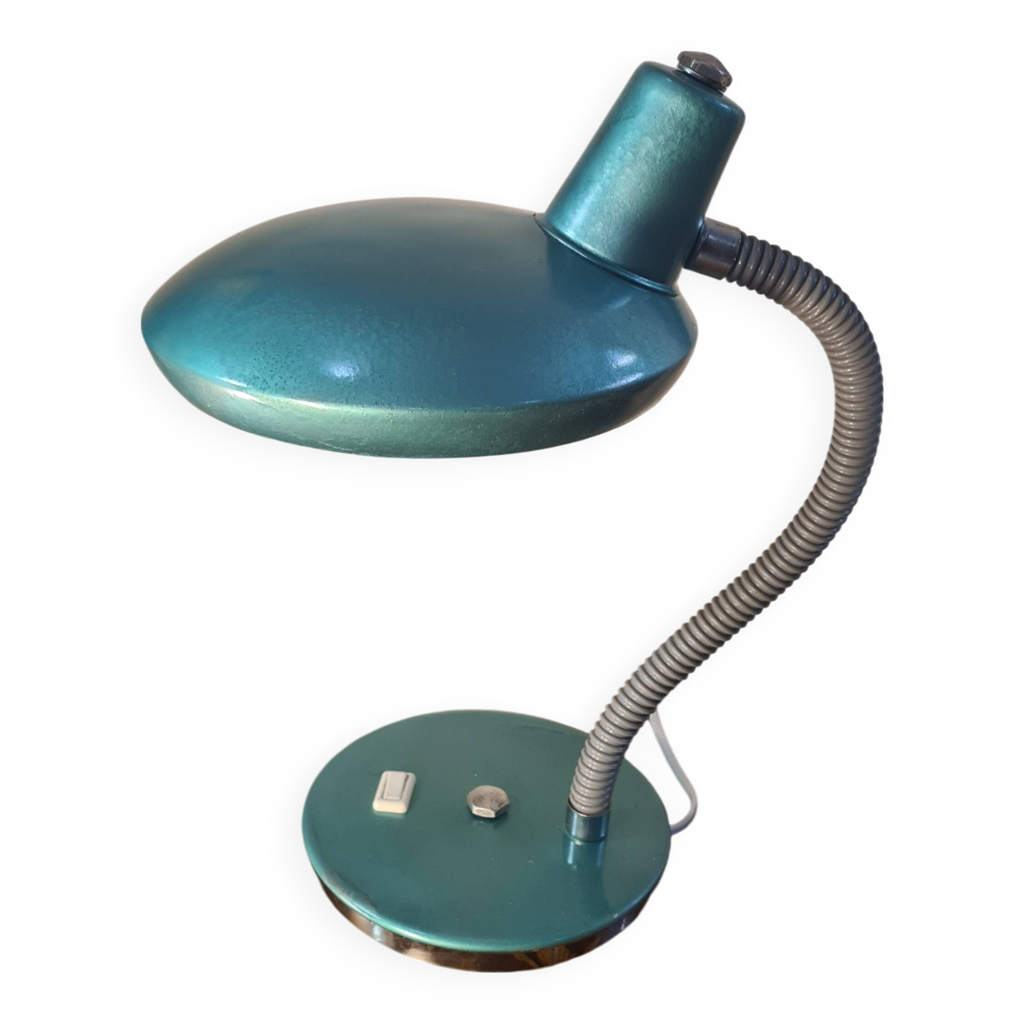 Italian design desk lamp, green metal, Fase style, 1970s, adjustable, flexible