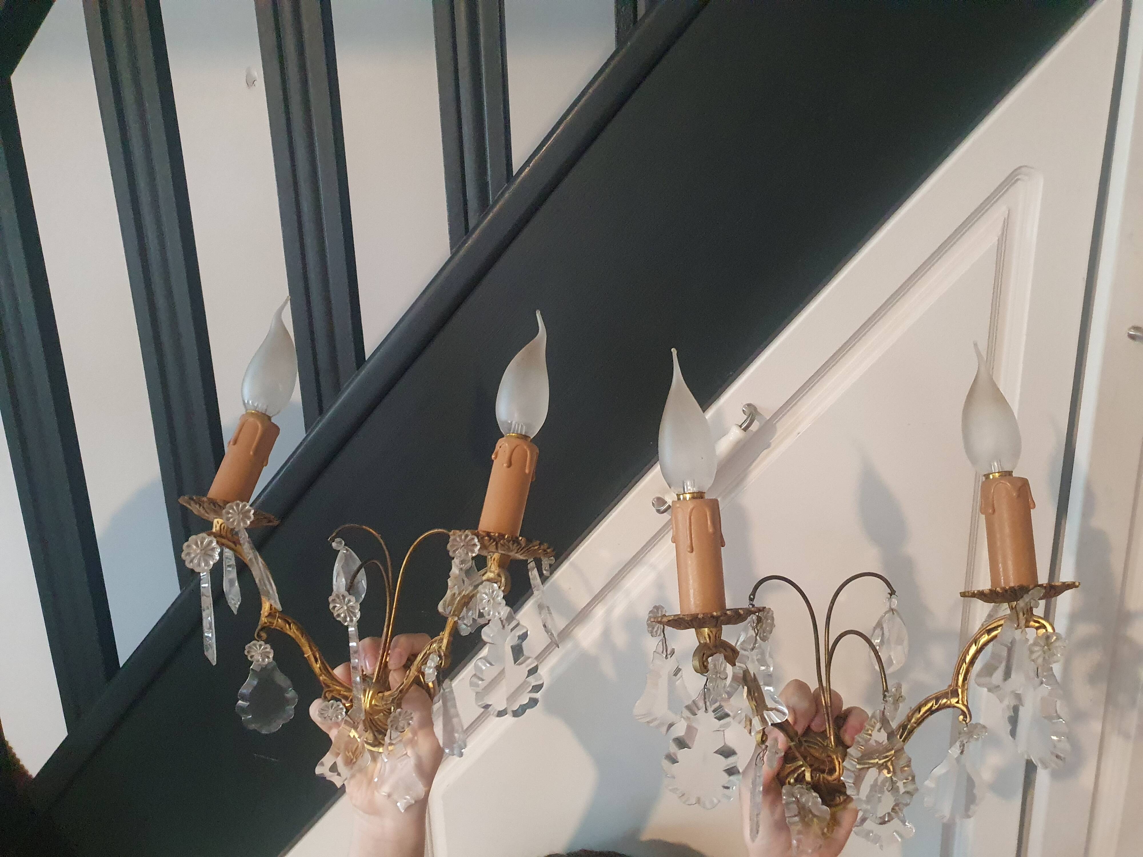 Pair of golden wall lights with vintage glass tassels