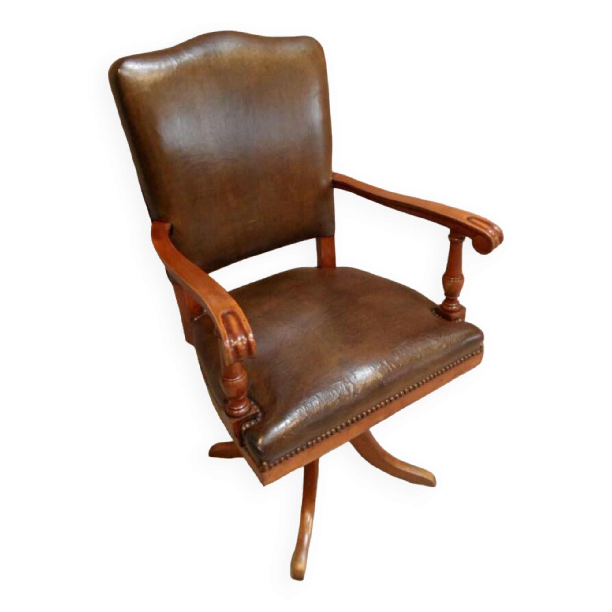 Chaise de bureau vintage en merisier et cuir