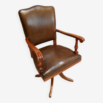 Chaise de bureau vintage en merisier et cuir