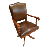 Chaise de bureau vintage en merisier et cuir