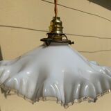 Vintage opaline glass pendant lamp pleated snowflake shape new golden threads and socket