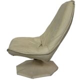 Fauteuil pivotant vintage en cuir crème avec pied octogonal Design 1970