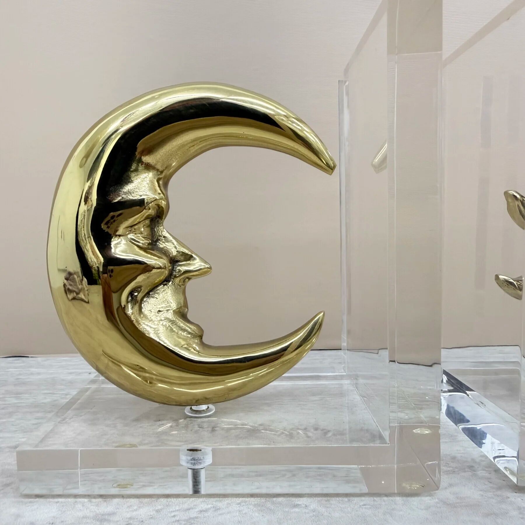Vintage bookends sun and moon lucite and brass, 1970s