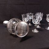 Set of 6 crystal and pewter wine glasses and ewer carafe from France