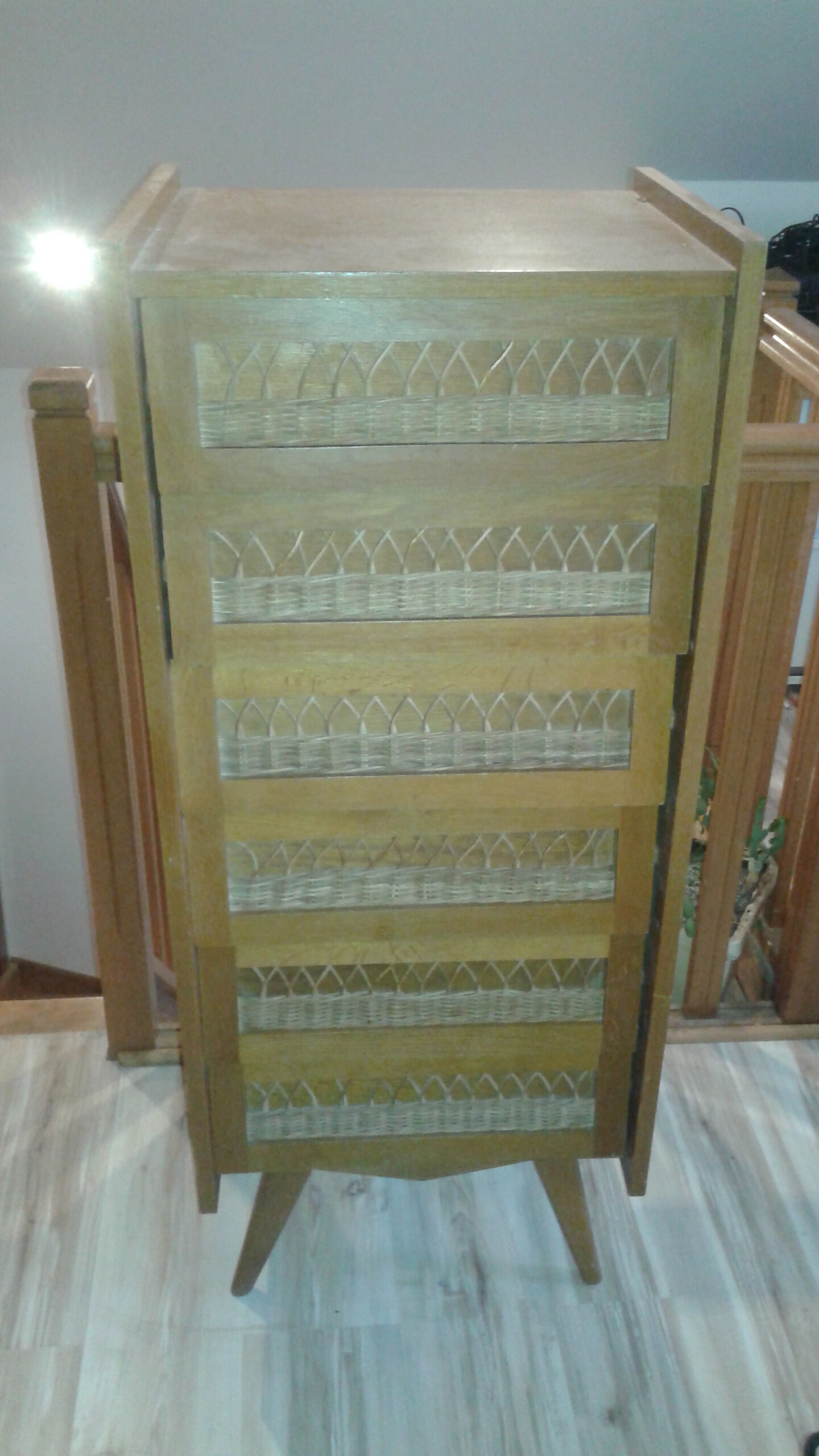 Dresser chest of drawers vintage wood and wicker feet compass
