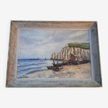 Tableau ancien " Falaise d'amont Etretat"