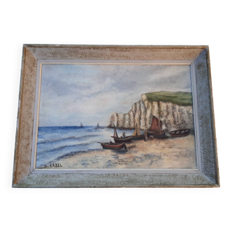 Tableau ancien " Falaise d'amont Etretat"