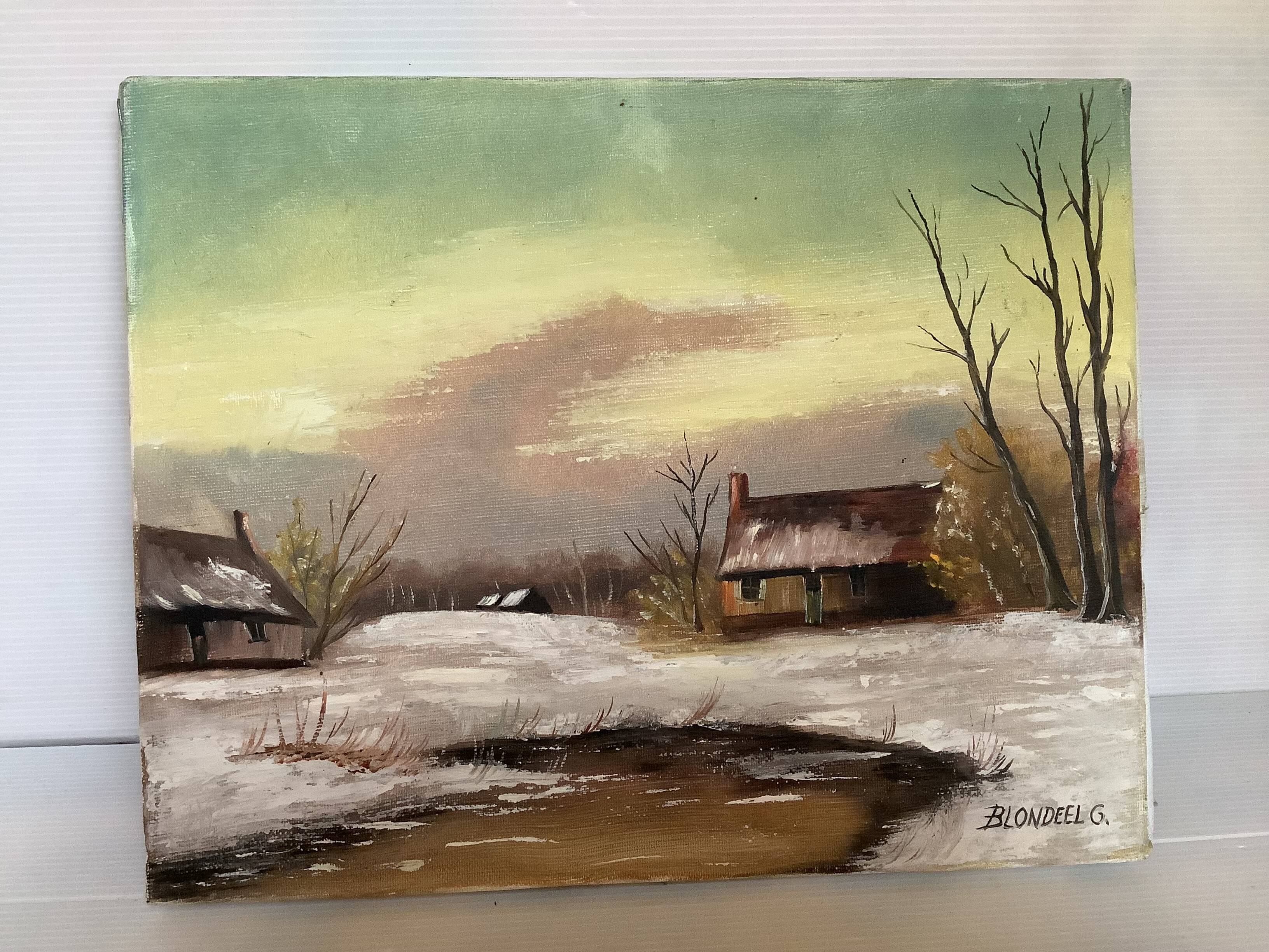 Small winter landscape painting, oil on canvas, signed.