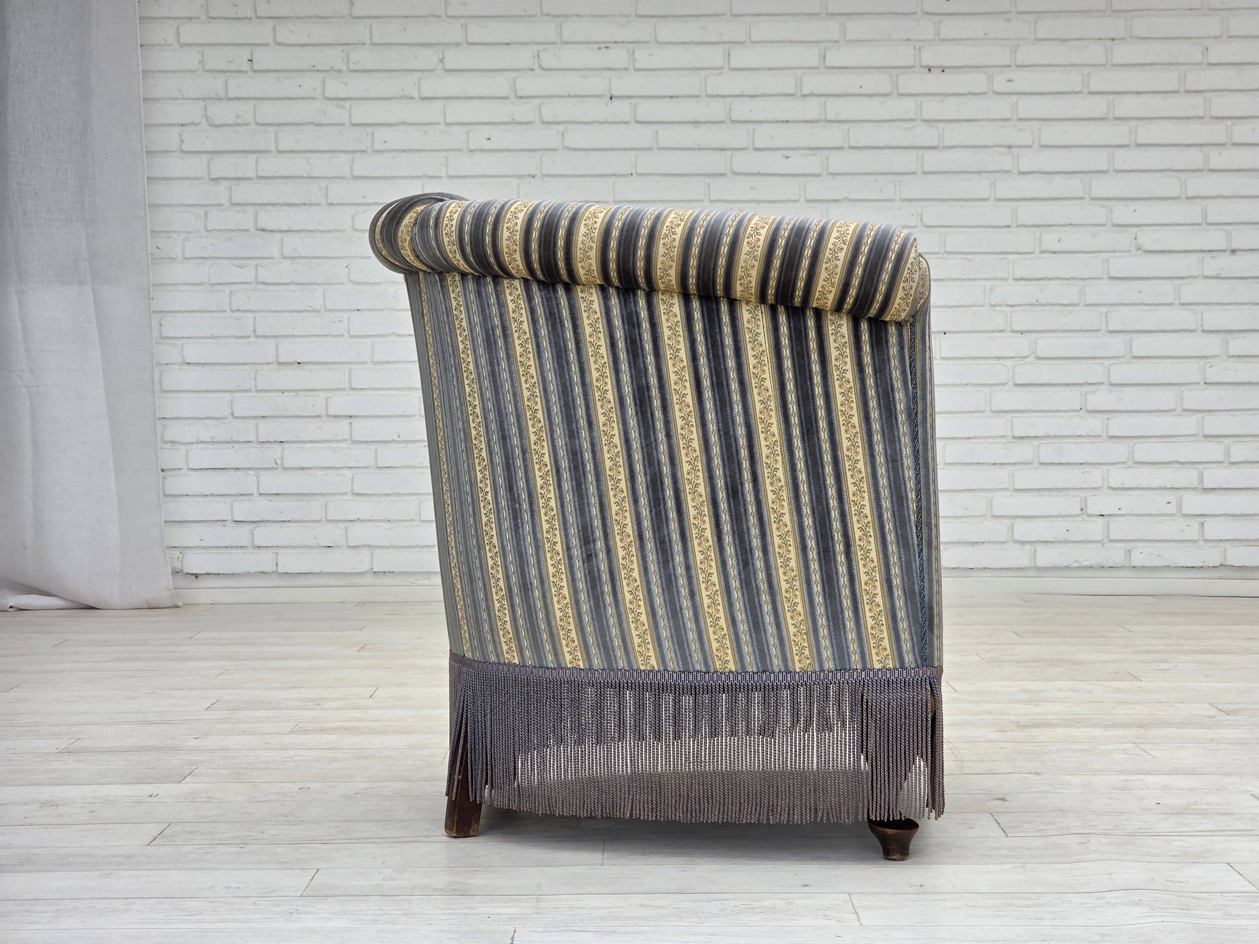 1960s, Danish lounge chair, blue/beige furniture velour, beech wood legs.