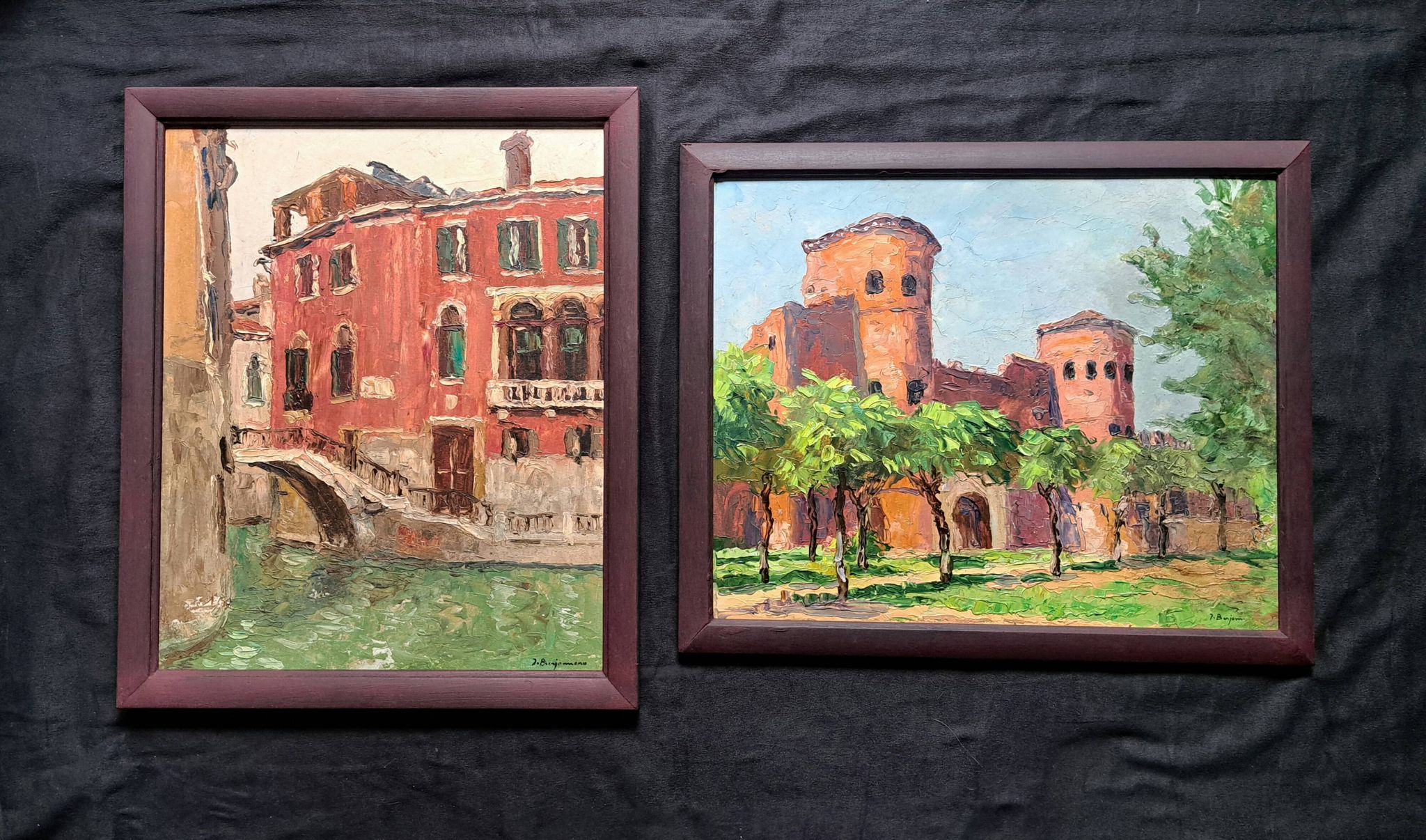 Paire de tableaux post-impressionnistes signés BERJONNEAU, huile sur carton
