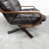 Fauteuil scandinave 1970 bois laminé courbé assise Cuir