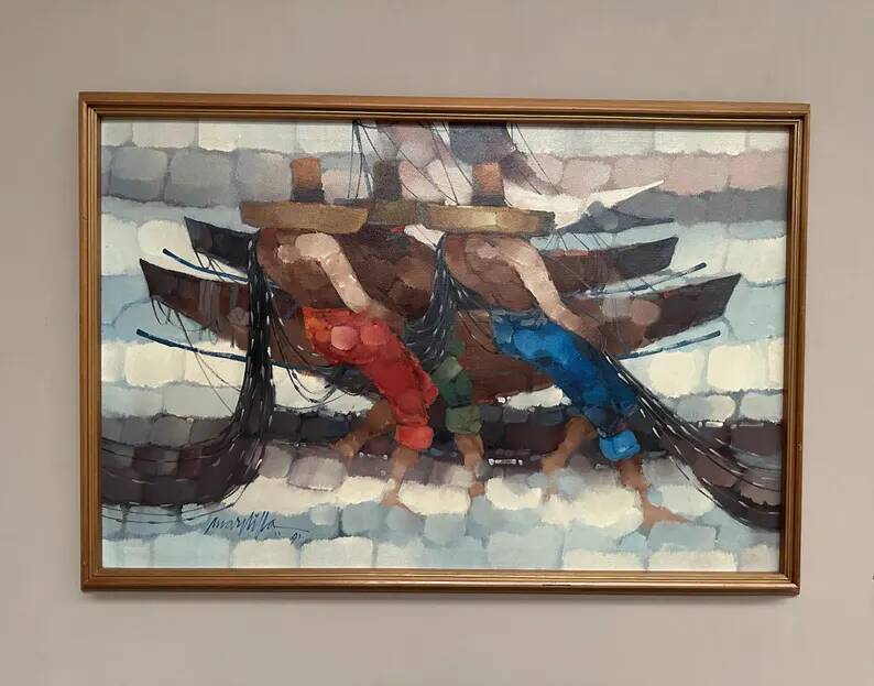Swedish Oil on Panel"Fishermen" by Marylilla , Vintage and Framed