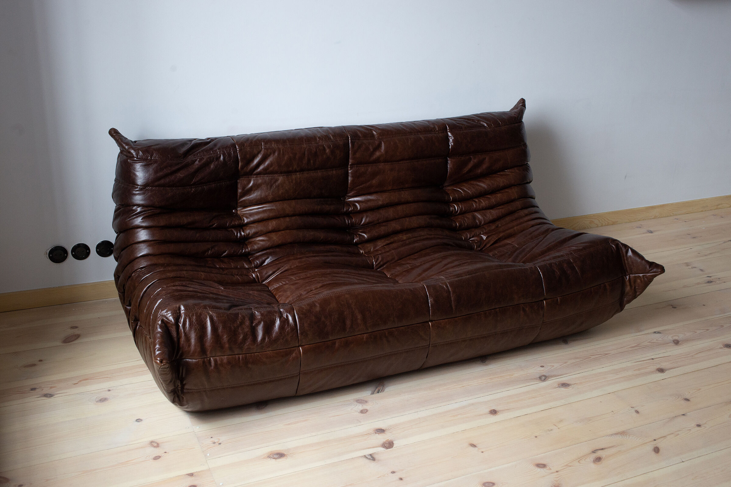 Set of 3 brown leather Togo sofas designed by Michel Ducaroy 1973