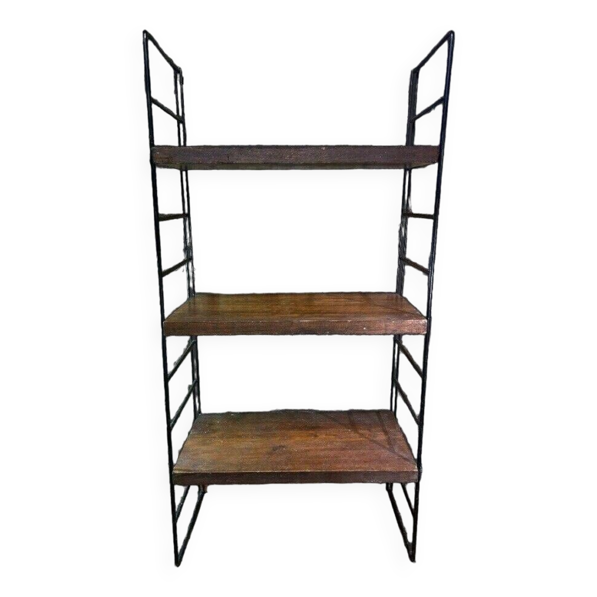 60's string wall shelf black lacquered metal oak, vintage