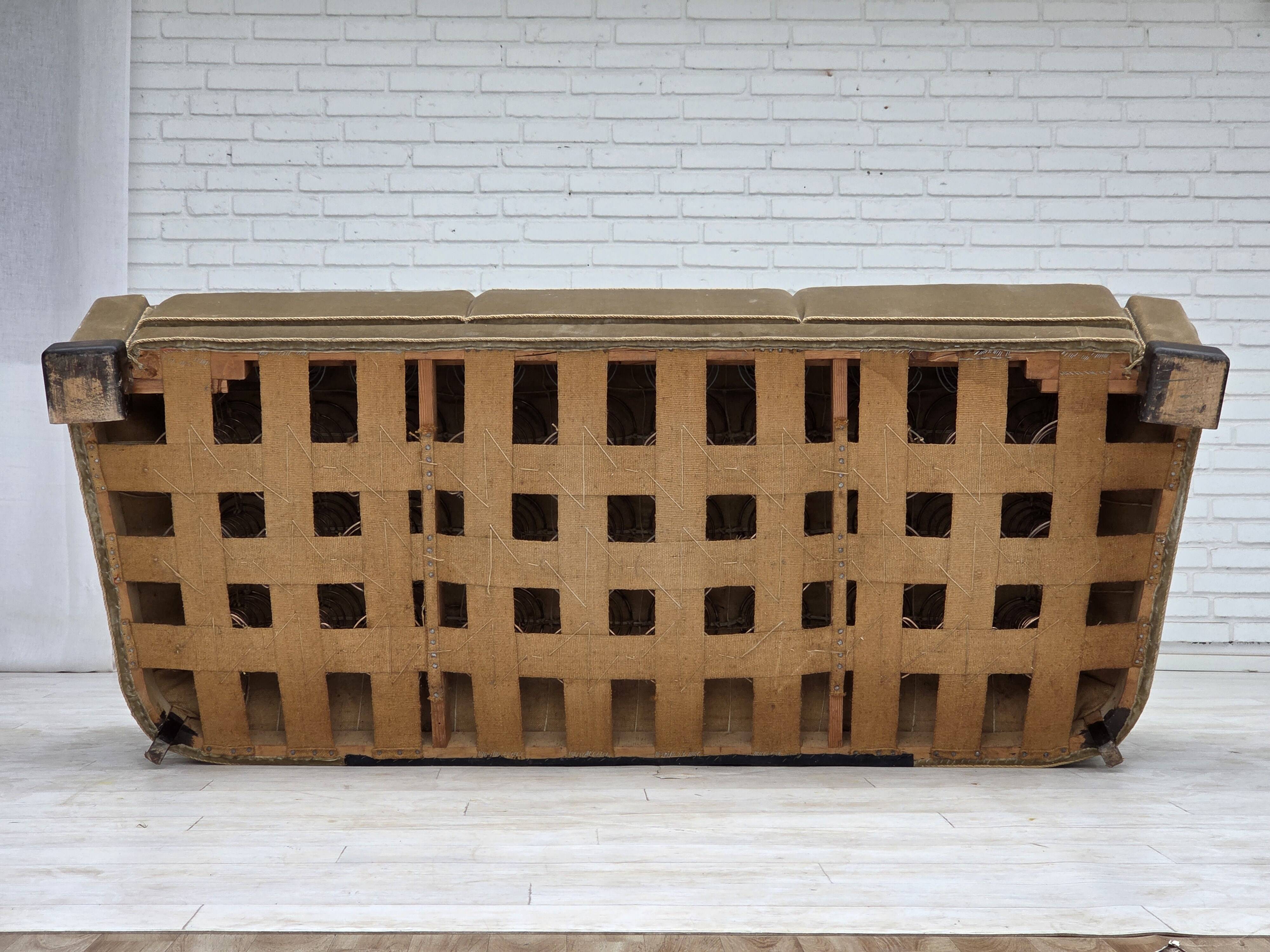 1960s, Danish 3-seater sofa, green furniture velour, oak wood legs.