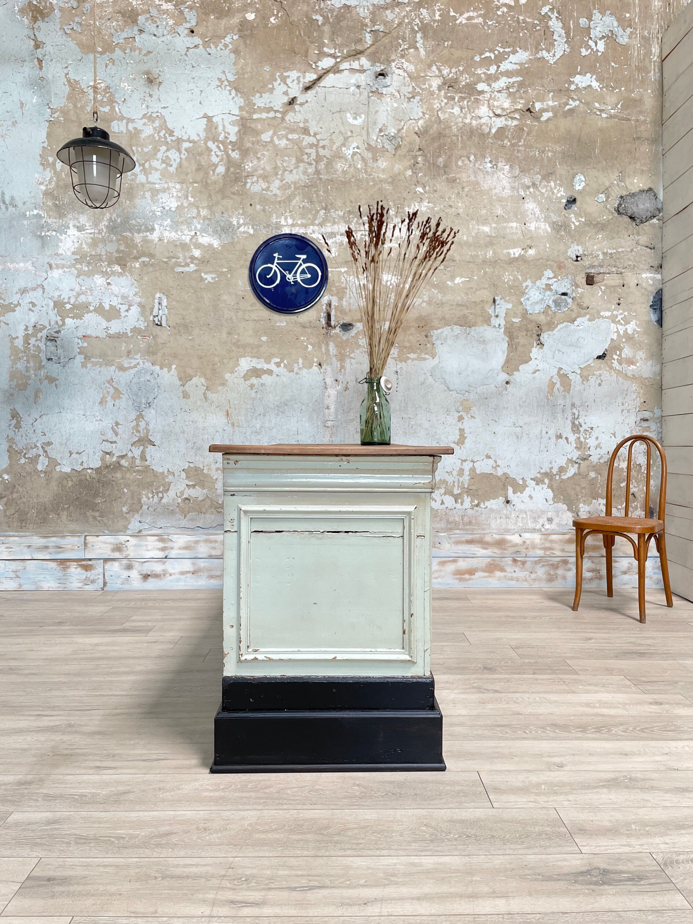 Bank counter furniture in patinated wood, circa 1900