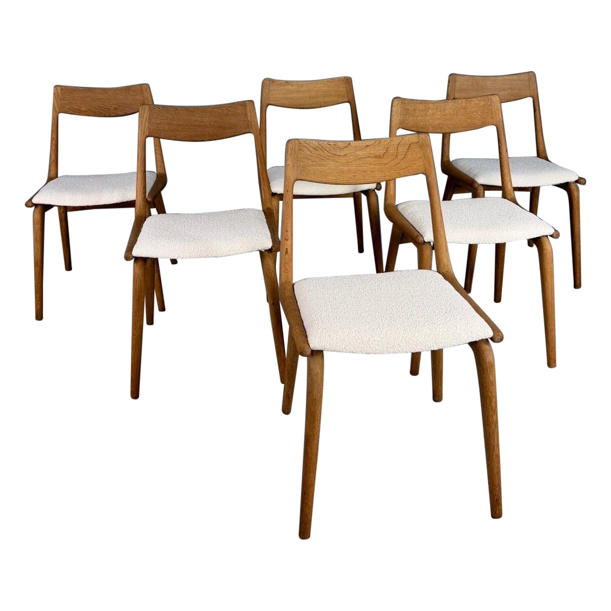 Alfred Christensen Danish oak "Boomerang" chairs set of 6 boucle fabric